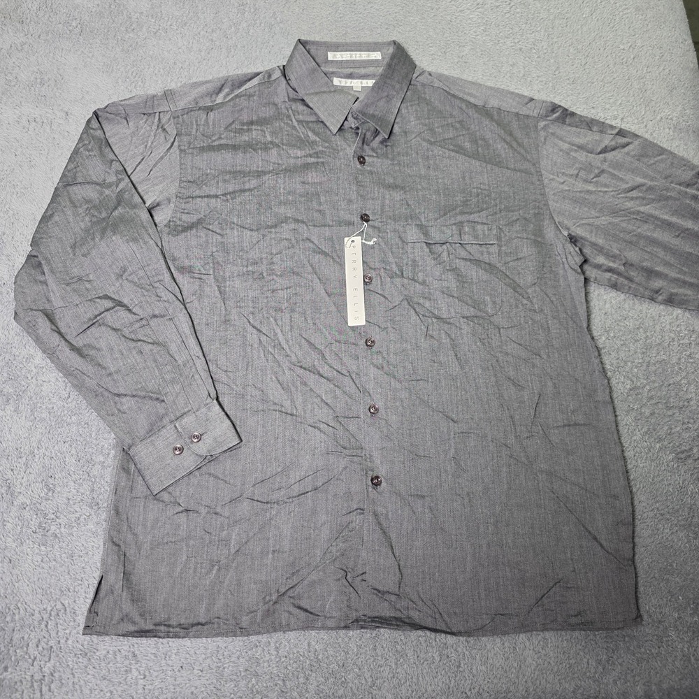 Perry Ellis Mens Large Button Down Shirt Grey Modal Wool Blend Long Sleeve Pockt